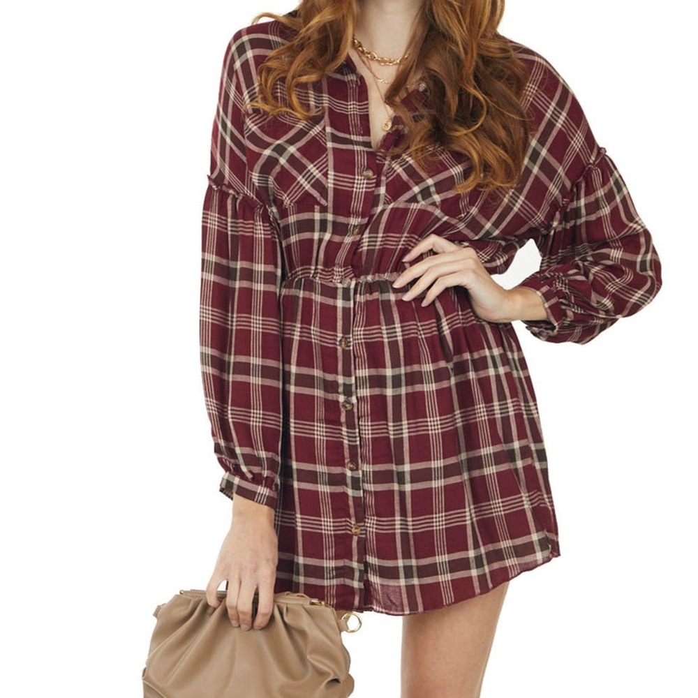 HYFVE Maroon Plaid Button Up Long Sleeve Shirt Dress
